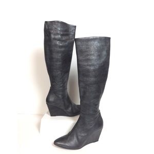 Anthropologie Pied Juste Metallic Gray Wedge Boots